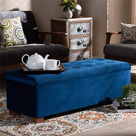 Baxton Studio Roanoke Modern and Contemporary Navy Blue Velvet Fabric Upholstered Grid-Tufted Storage Ottoman Bench