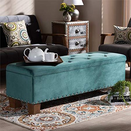 Baxton Studio Hannah Modern and Contemporary Teal Blue Velvet Fabric Upholstered Button-Tufted Storage Ottoman Bench