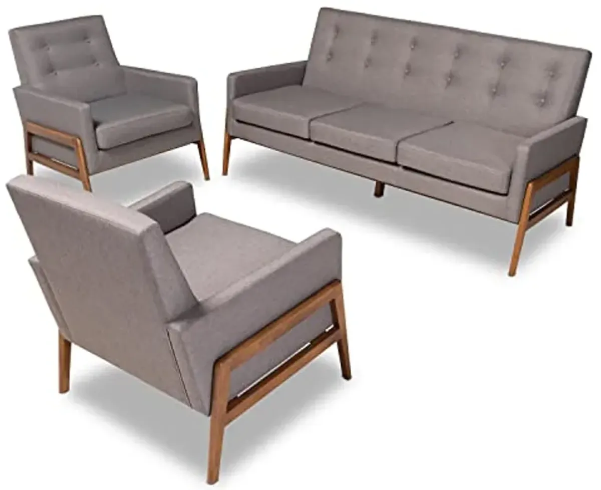 Baxton Studio Perris Mid-Century Modern Light Grey Fabric Upholstered Walnut Finished Wood 3-Piece Living Room Set