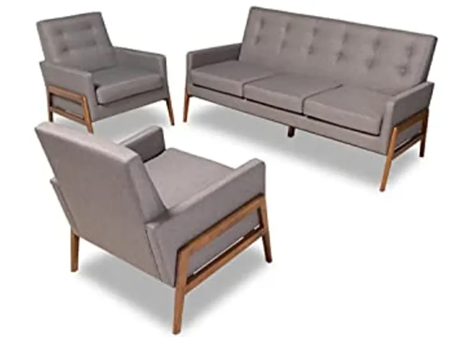 Baxton Studio Perris Mid-Century Modern Light Grey Fabric Upholstered Walnut Finished Wood 3-Piece Living Room Set