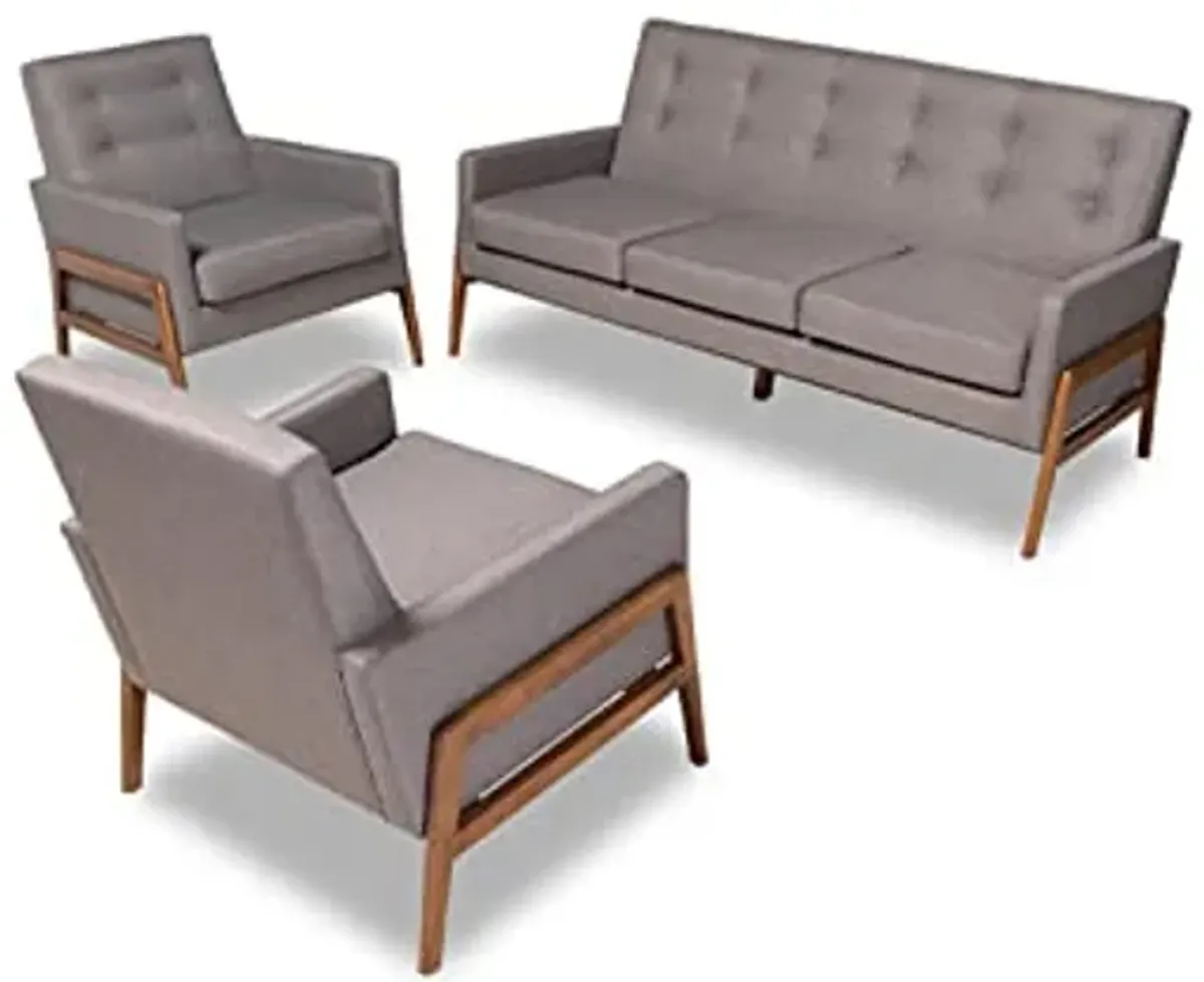 Baxton Studio Perris Mid-Century Modern Light Grey Fabric Upholstered Walnut Finished Wood 3-Piece Living Room Set