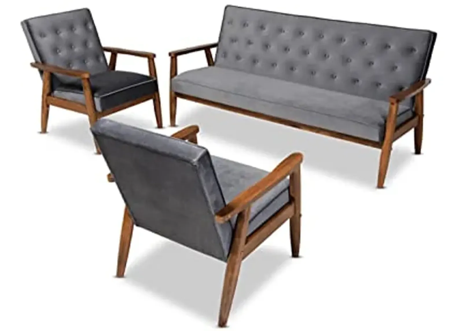 Baxton Studio Sorrento Mid-century Modern Grey Velvet Fabric Upholstered Walnut Finished 3-Piece Wooden Living Room Set