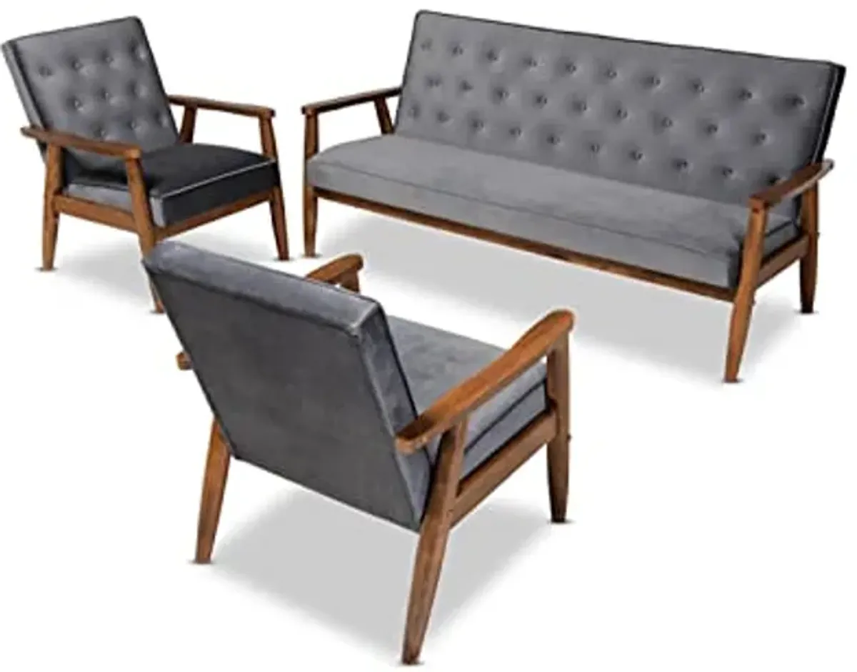 Baxton Studio Sorrento Mid-century Modern Grey Velvet Fabric Upholstered Walnut Finished 3-Piece Wooden Living Room Set