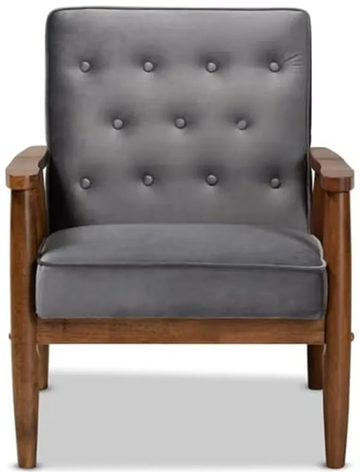 Baxton Studio Sorrento Mid-century Modern Grey Velvet Fabric Upholstered Walnut Finished Wooden Lounge Chair