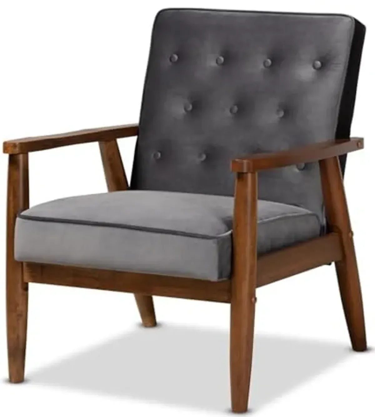 Baxton Studio Sorrento Mid-century Modern Grey Velvet Fabric Upholstered Walnut Finished Wooden Lounge Chair