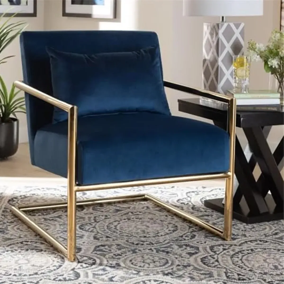 Baxton Studio Mira Glam and Luxe Navy Blue Velvet Fabric Upholstered Gold Finished Metal Lounge Chair