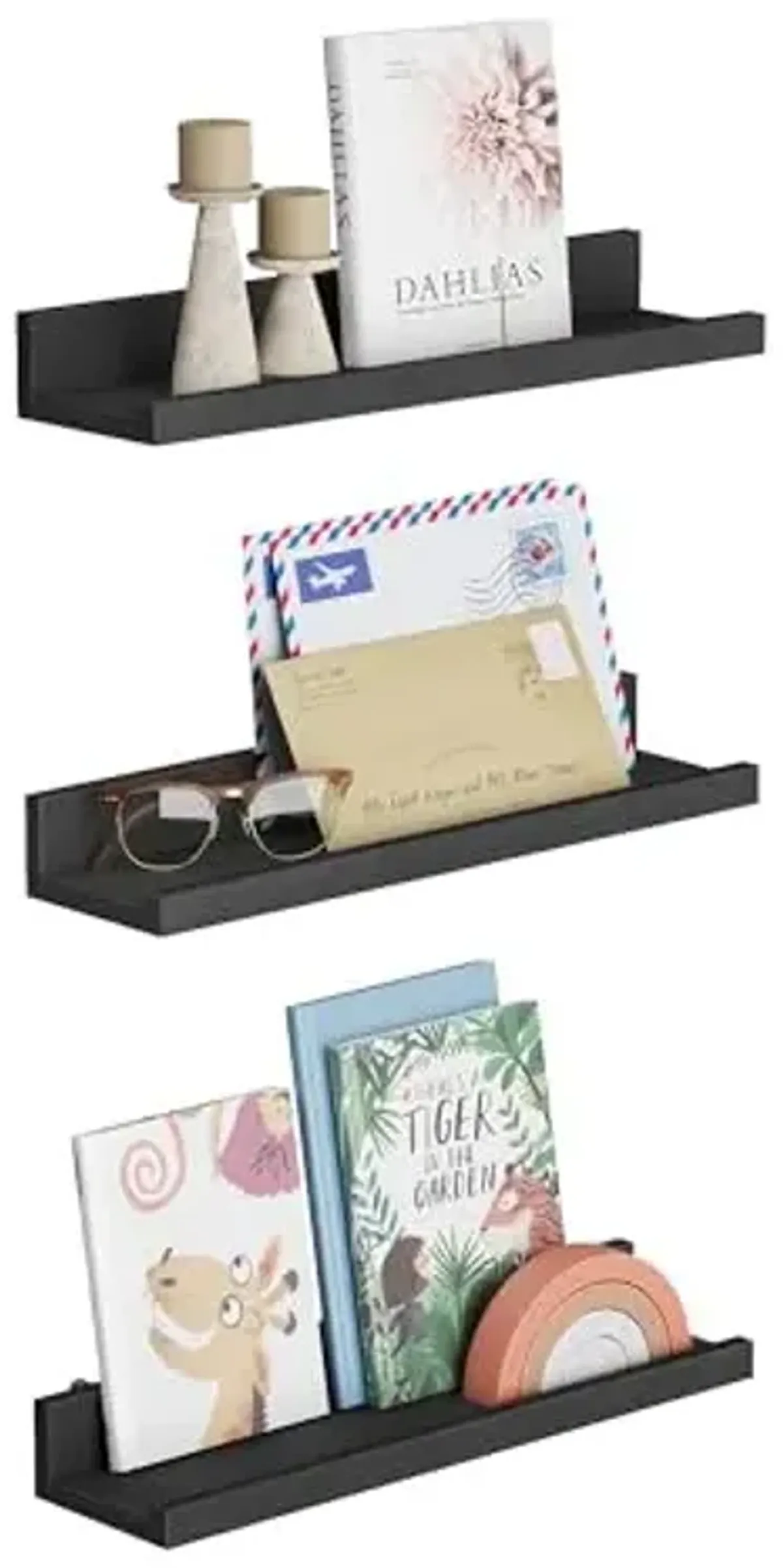 SONGMICS Floating Shelves, Set of 3 Wall Shelves, 15-Inch Wide, for Photo Frames and Trinkets, for Living Room, Home Office, Kitchen, Bathroom, Black ULWS38BK