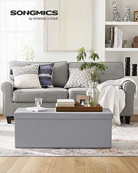 SONGMICS 43 Inches Folding Storage Ottoman Bench, Storage Chest, Footrest, Coffee Table, Padded Seat, Faux Leather, Holds up to 660 lb, Light Gray ULSF70GY