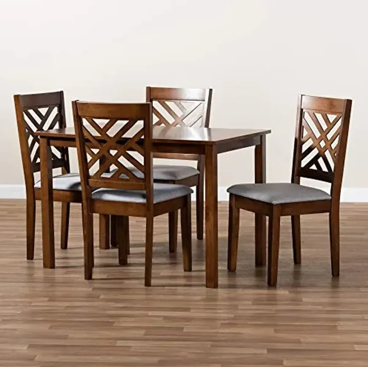 Baxton Studio Thane Dining Set and Dining Set Grey Fabric Upholstered Walnut Brown Finished Wood 5-Piece Dining Set