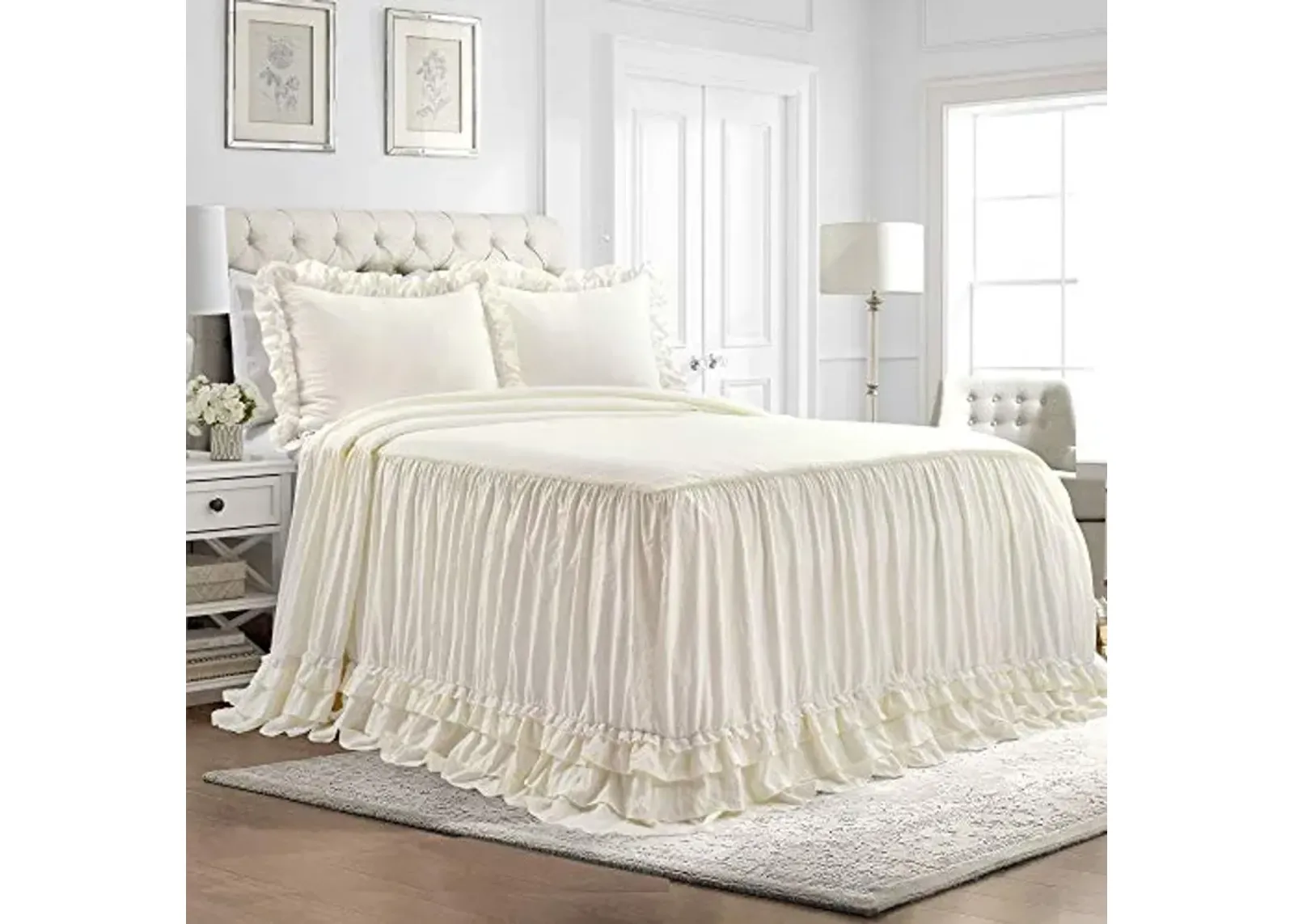 Lush Decor Ella Vintage Chic Ruffle Lace Bedspread Ivory Farmhouse Style Lightweight 3 Piece Set Queen