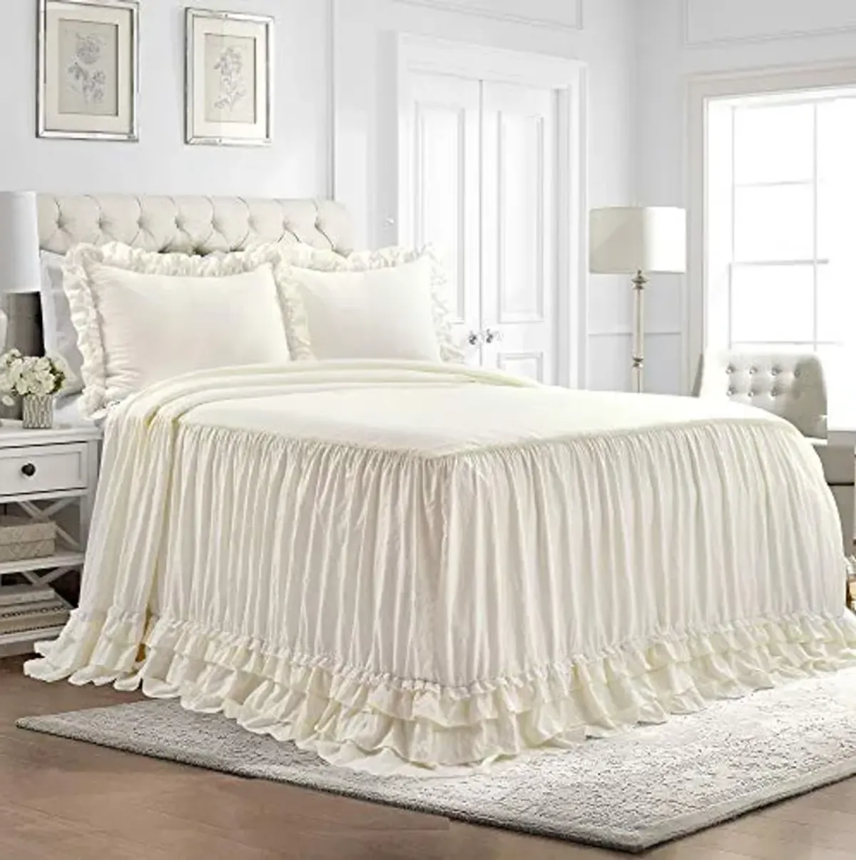 Lush Decor Ella Vintage Chic Ruffle Lace Bedspread Ivory Farmhouse Style Lightweight 3 Piece Set Queen