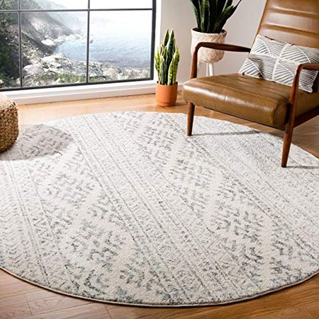 SAFAVIEH Tulum Collection 5' Round Ivory/Grey TUL272A Moroccan Boho Tribal Non-Shedding Dining Room Entryway Foyer Living Room Bedroom Area Rug