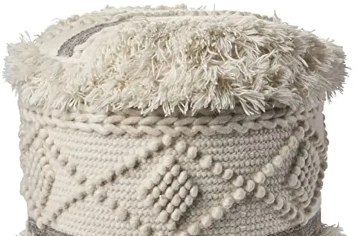 LR Home Indoor Wool Blend Farmhouse Geometric Ottoman Pouf | Cream/Gray,18" x 18" x 14"