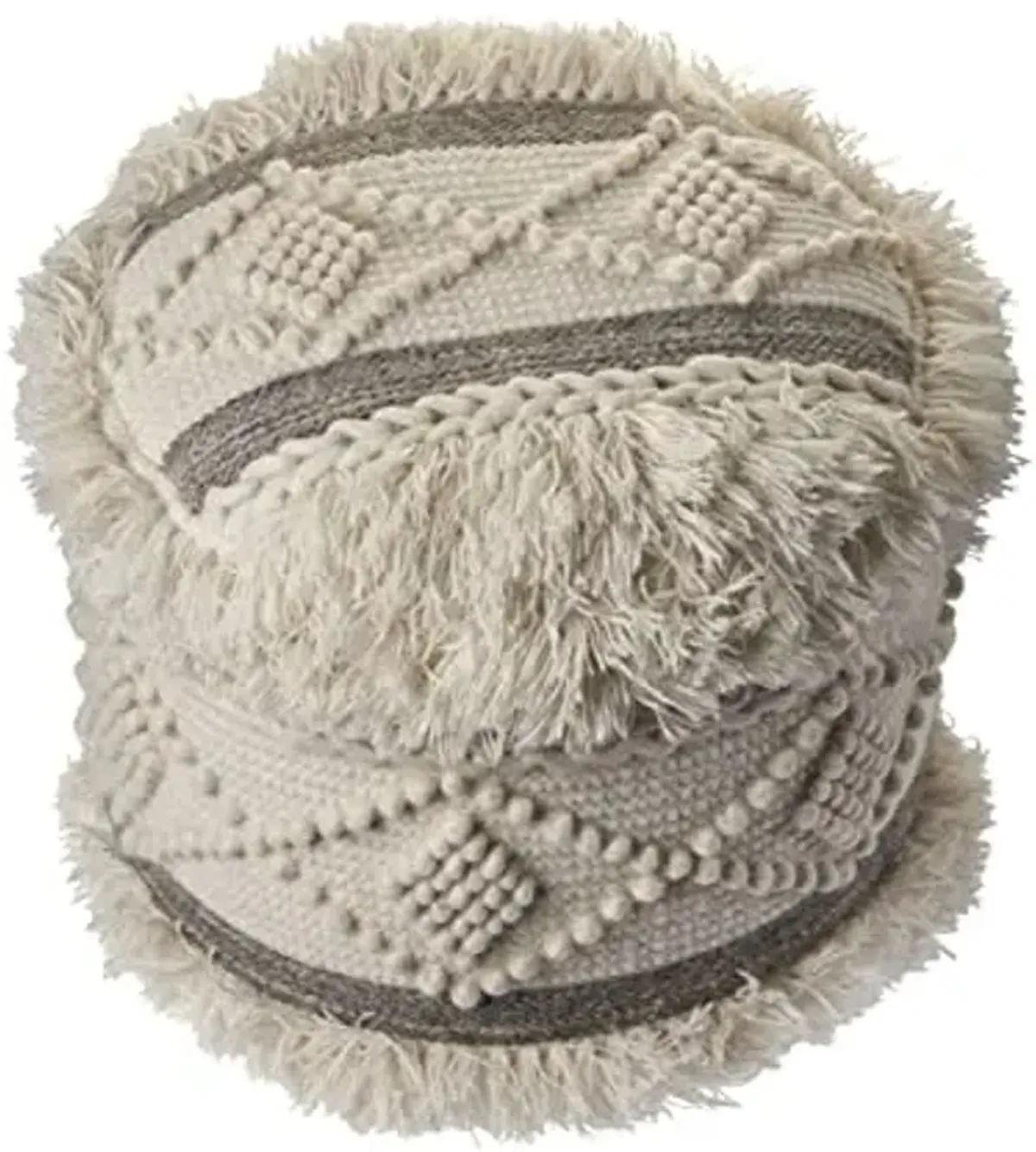 LR Home Indoor Wool Blend Farmhouse Geometric Ottoman Pouf | Cream/Gray,18" x 18" x 14"