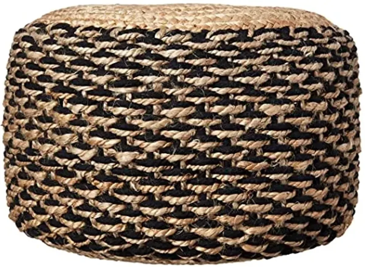 LR Home Natural/Black Round Ottoman Pouf for Home Decor | Striped Hand-Woven Jute Cotton Blend Round Pouf Ottoman Footrest for Bedroom & Living Room Decor | 18"D X 18"W X 12"H