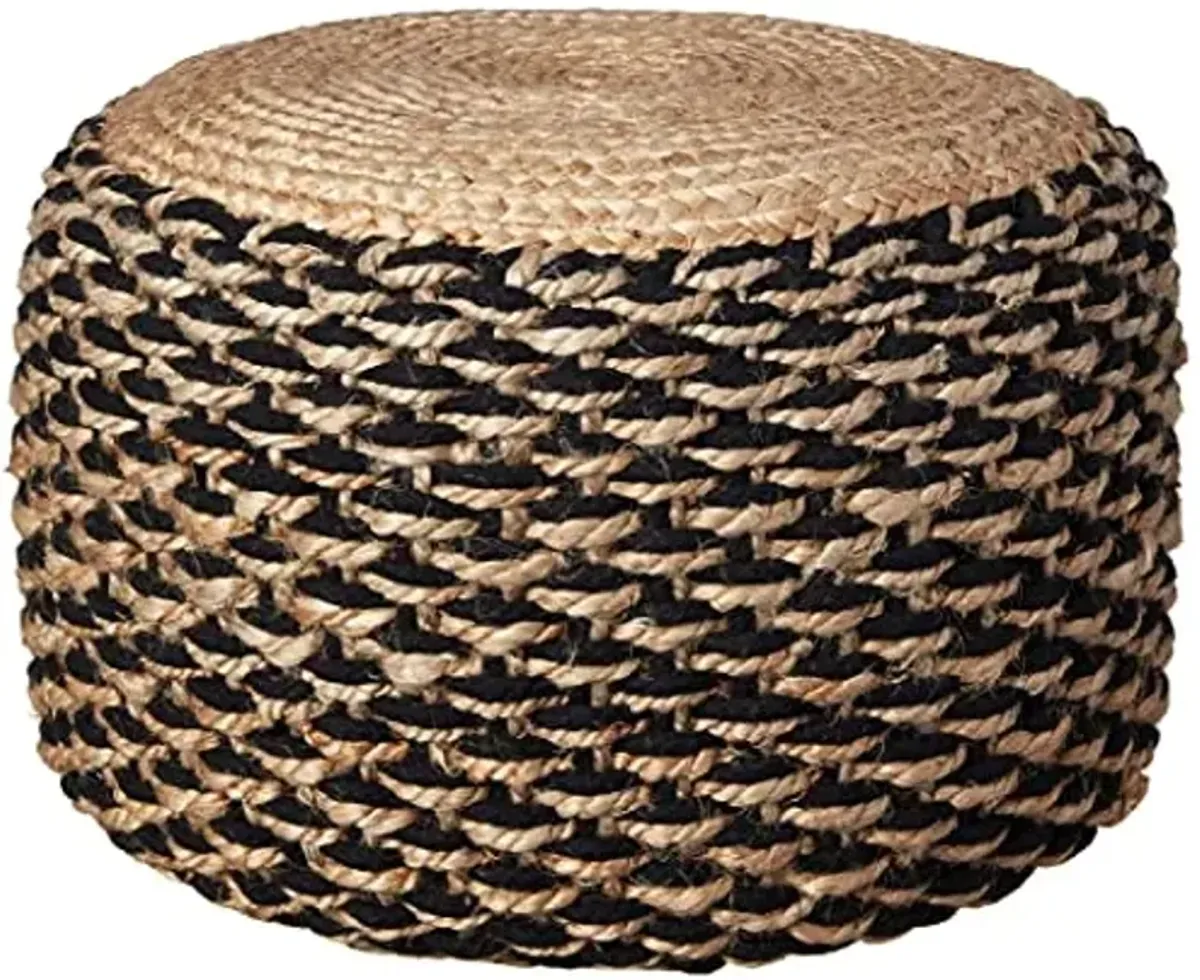 LR Home Natural/Black Round Ottoman Pouf for Home Decor | Striped Hand-Woven Jute Cotton Blend Round Pouf Ottoman Footrest for Bedroom & Living Room Decor | 18"D X 18"W X 12"H