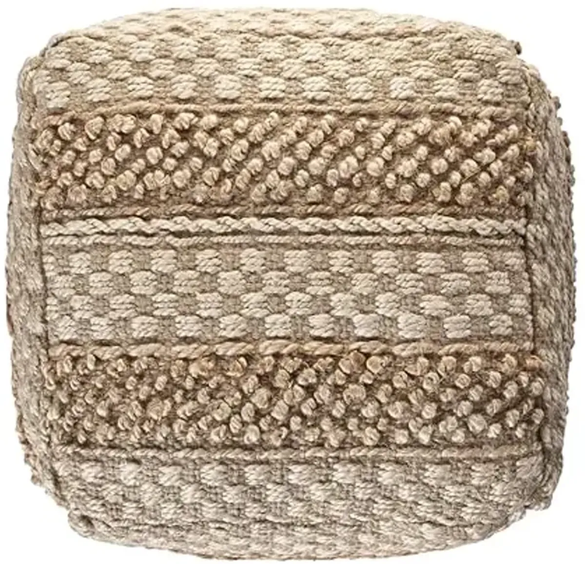 LR Home Natural/Off-White Square Ottoman Pouf for Home Decor | Striped Hand-Woven Jute Cotton Blend Square Pouf Ottoman Foot Rest for Bedroom & Living Room Decor | 18" D X 18" W X 18" H
