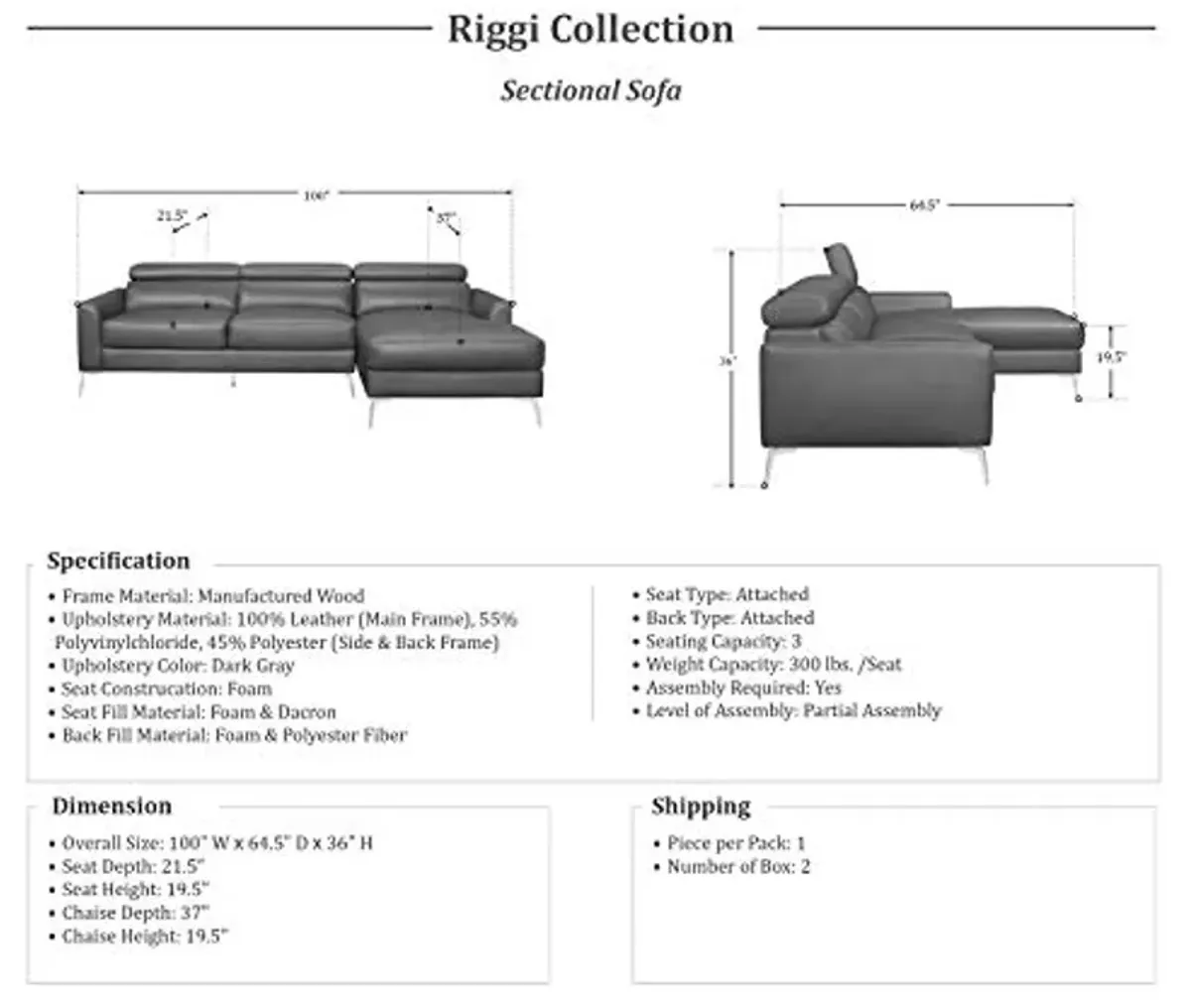 Lexicon Riggi Sectional Sofa Chaise, Gray