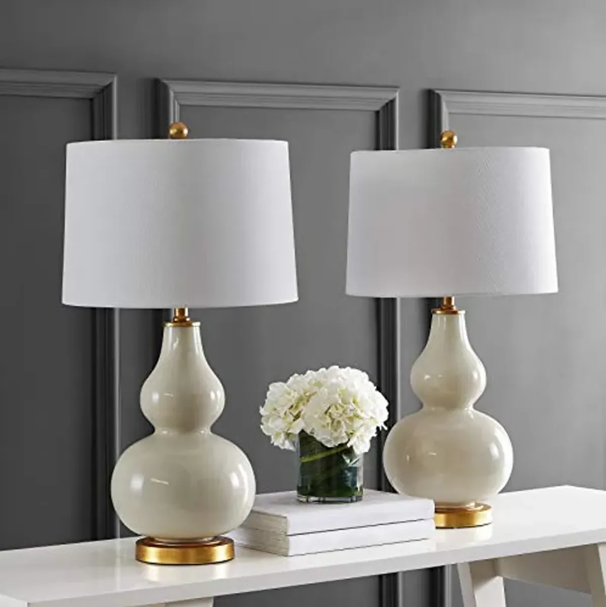 SAFAVIEH Lighting Collection Karlen Modern Contemporary Cream/ Gold Leaf Double Gourd 29-inch Bedroom Living Room Home Office Desk Nightstand Table Lamp Set of 2 (LED Bulbs Included)