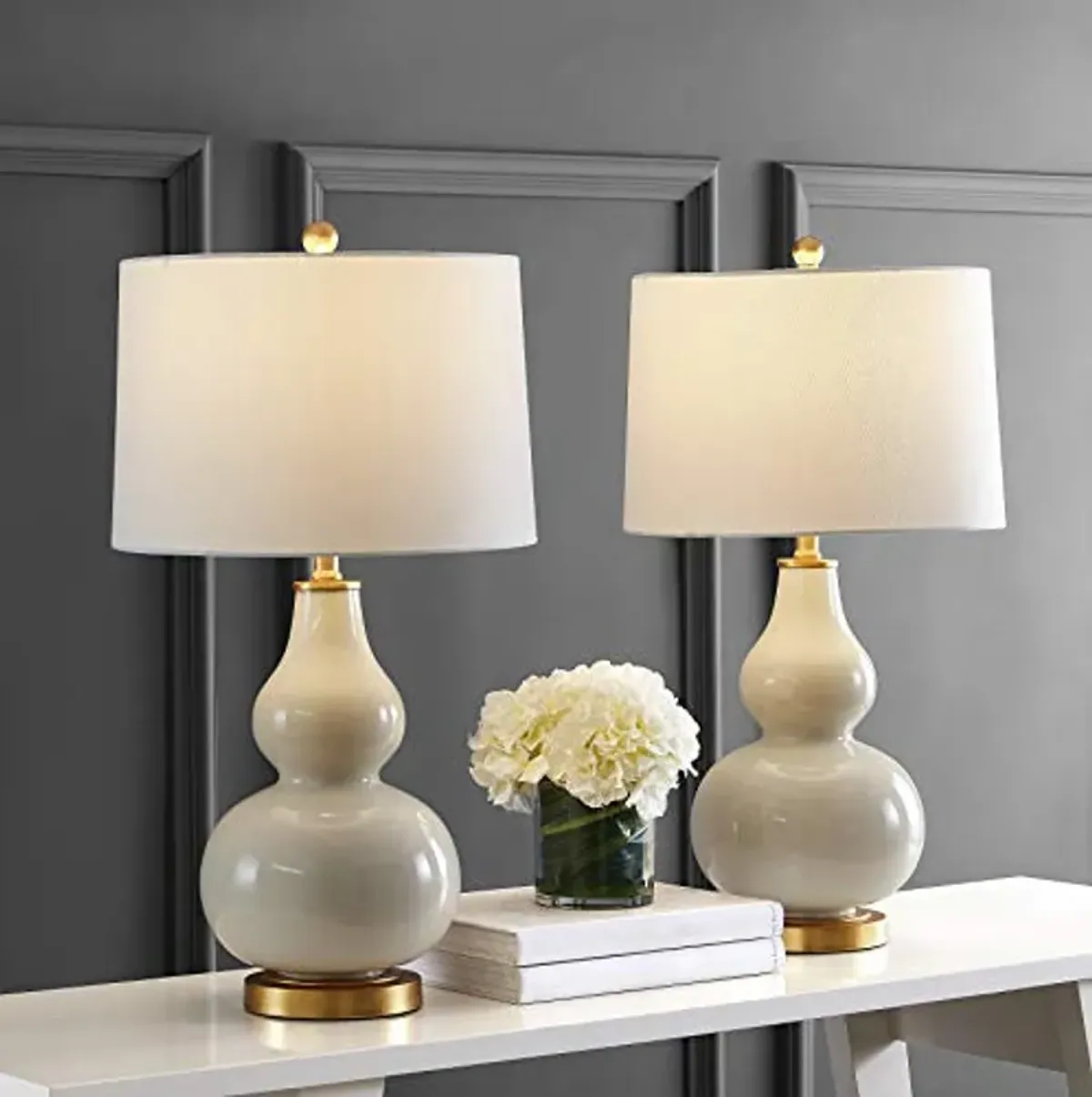 SAFAVIEH Lighting Collection Karlen Modern Contemporary Cream/ Gold Leaf Double Gourd 29-inch Bedroom Living Room Home Office Desk Nightstand Table Lamp Set of 2 (LED Bulbs Included)
