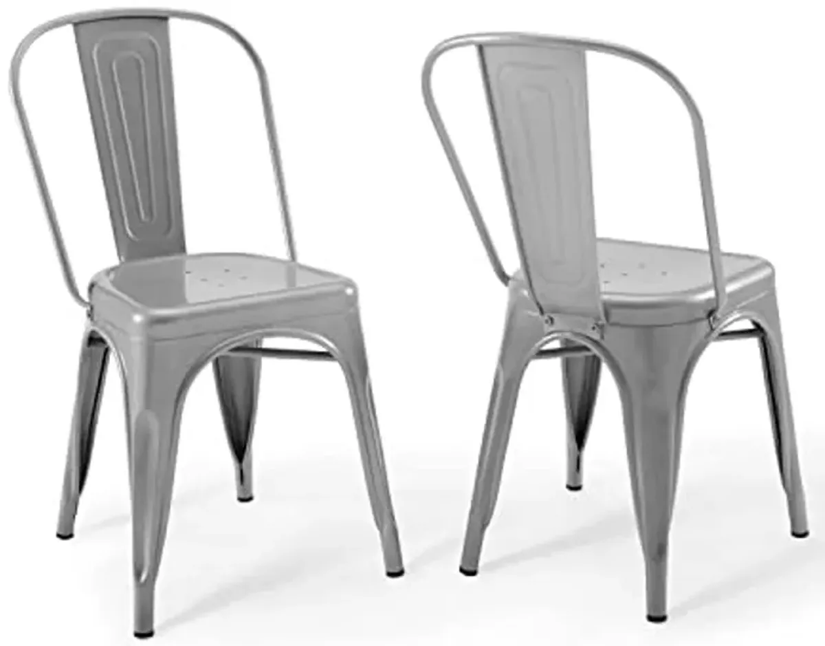 Modway Promenade Industrial Modern Steel Metal Bistro Dining Chairs in Silver - Set of 2