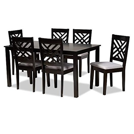 Baxton Studio Fallon Dining Set and Dining Set Grey Fabric Upholstered Espresso Brown Finished Wood 7-Piece Dining Set