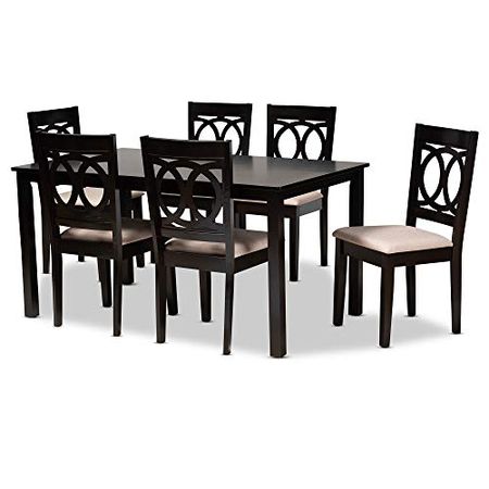 Baxton Studio Barret Dining Set and Dining Set Sand Fabric Upholstered Espresso Brown Finished Wood 7-Piece Dining Set
