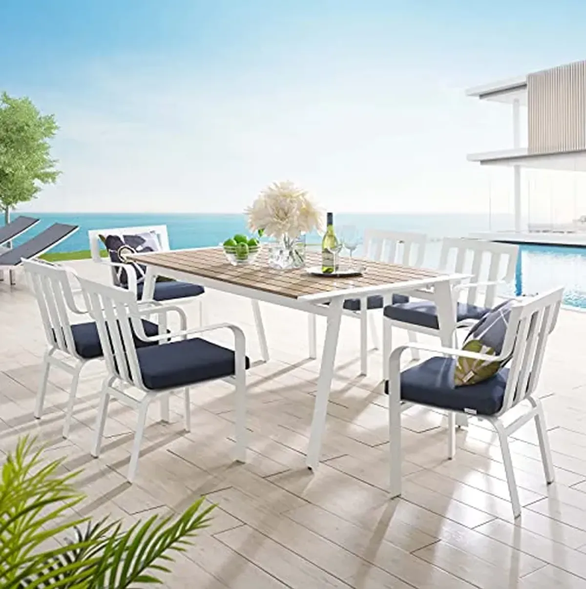 Modway EEI-3965-WHI-NAV Baxley Sets, Dining for Six, White Navy