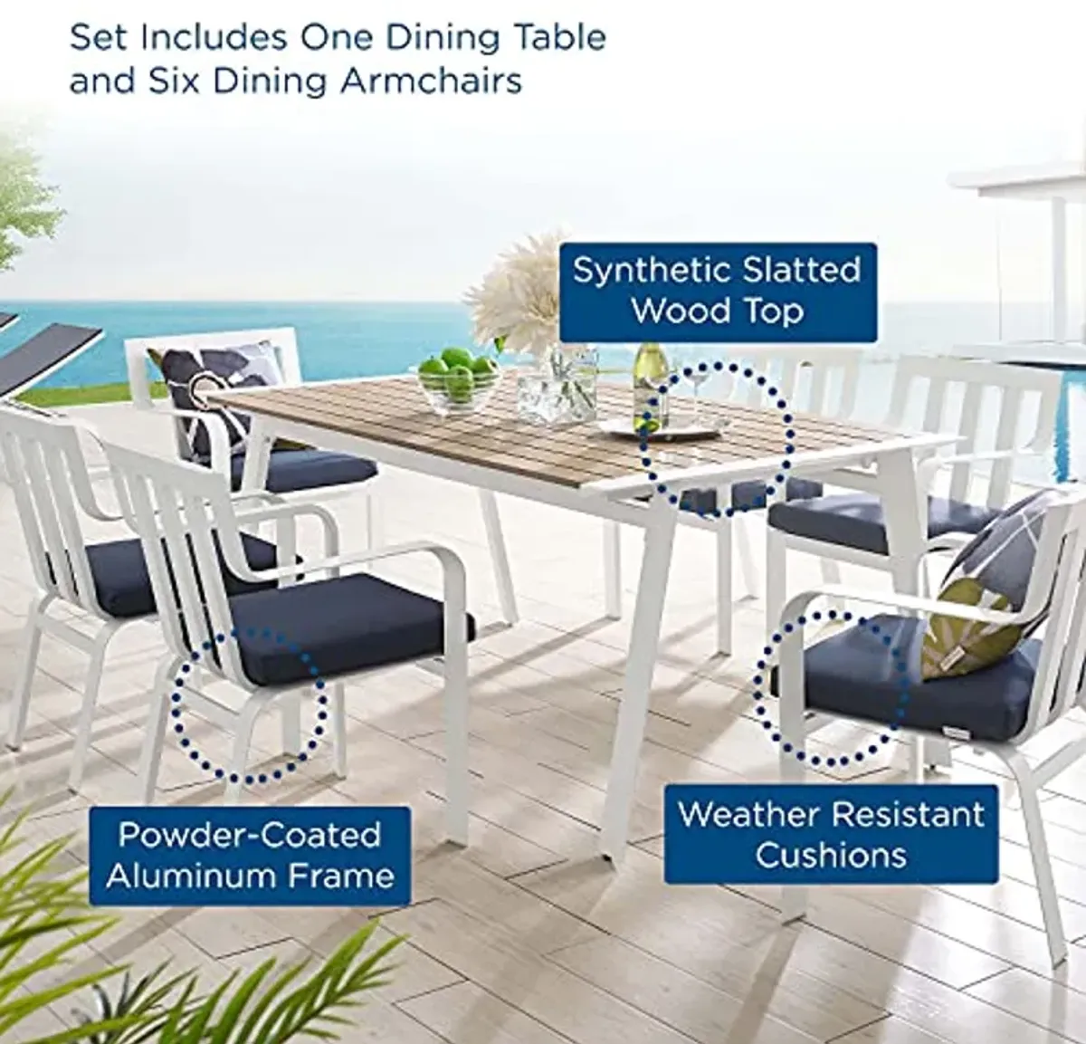 Modway EEI-3965-WHI-NAV Baxley Sets, Dining for Six, White Navy