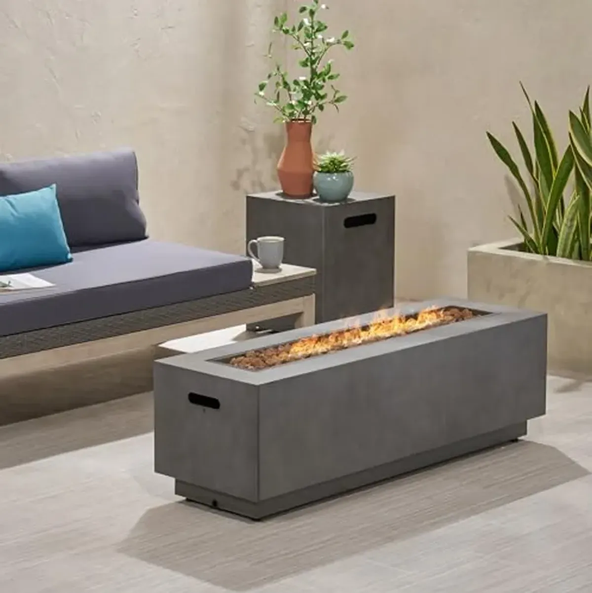 Lynn Outdoor Rectangular Fire Pit with Tank Holder, Concrete