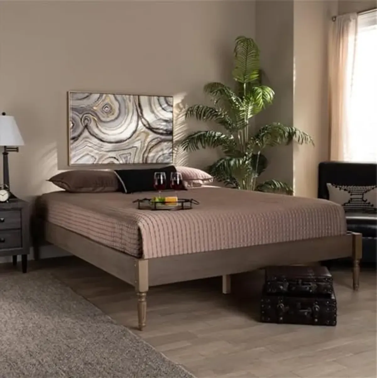 Baxton Studio Colette French Bohemian Weathered Grey Oak Finished Wood Full Size Platform Bed Frame