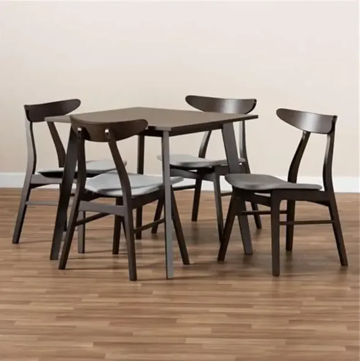 Baxton Studio Britte Upholstered Dark Oak 5-Piece Wood Dining Set in Light Gray