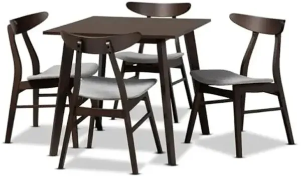 Baxton Studio Britte Mid-Century Modern Light Grey Fabric Upholstered Dark Oak Brown Finished 5-Piece Wood Dining Set