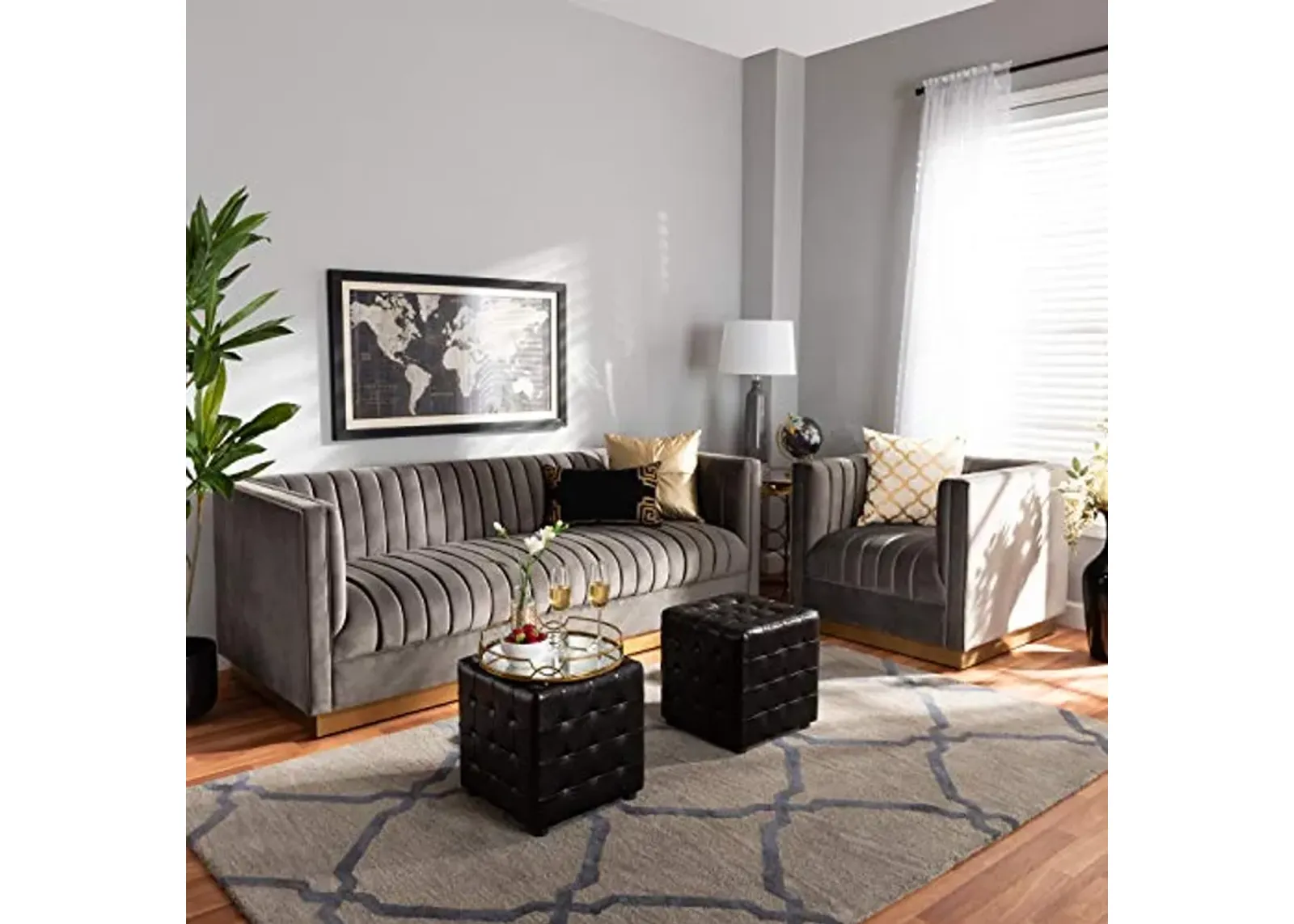 Baxton Studio Aveline Glam and Luxe Grey Velvet Fabric Upholstered Brushed Gold Finished 2-Piece Living Room Set