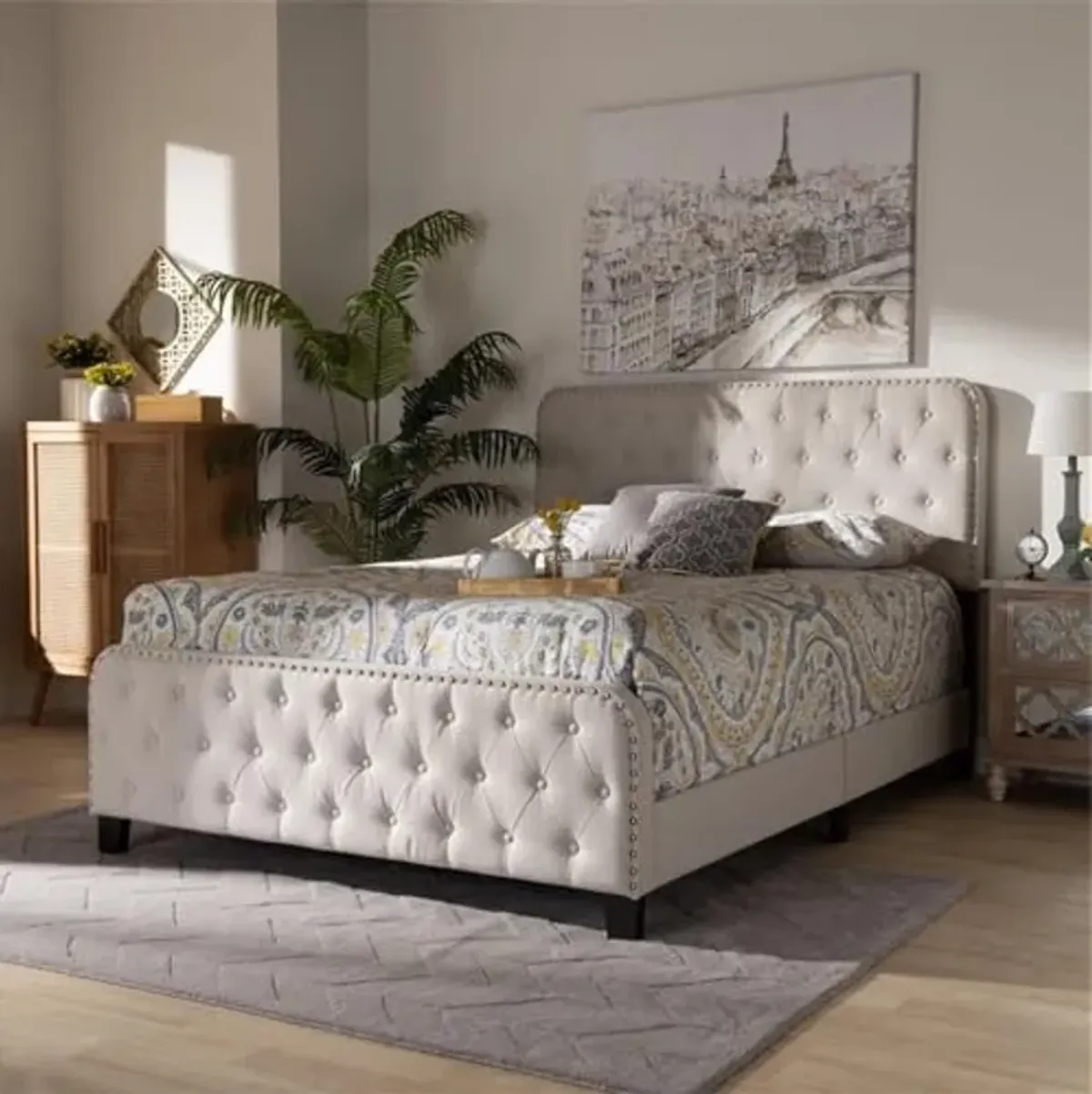 Baxton Studio Annalisa Modern Transitional Beige Fabric Upholstered Button Tufted Full Size Panel Bed