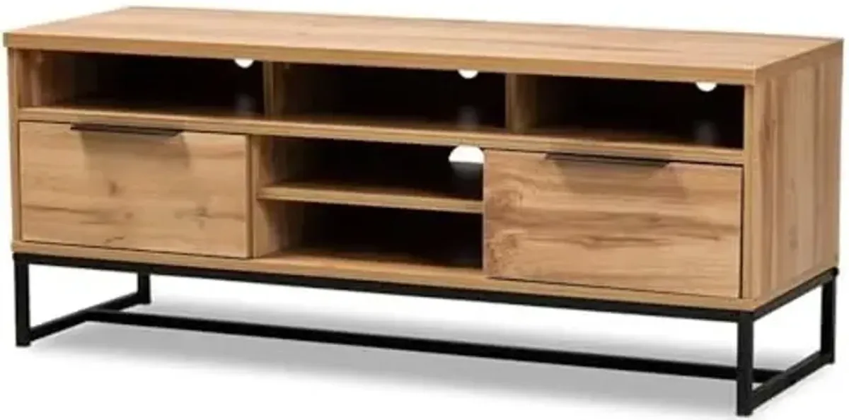Baxton Studio Reid Modern and Contemporary Industrial Oak Finished Wood and Black Metal 2-Drawer TV Stand