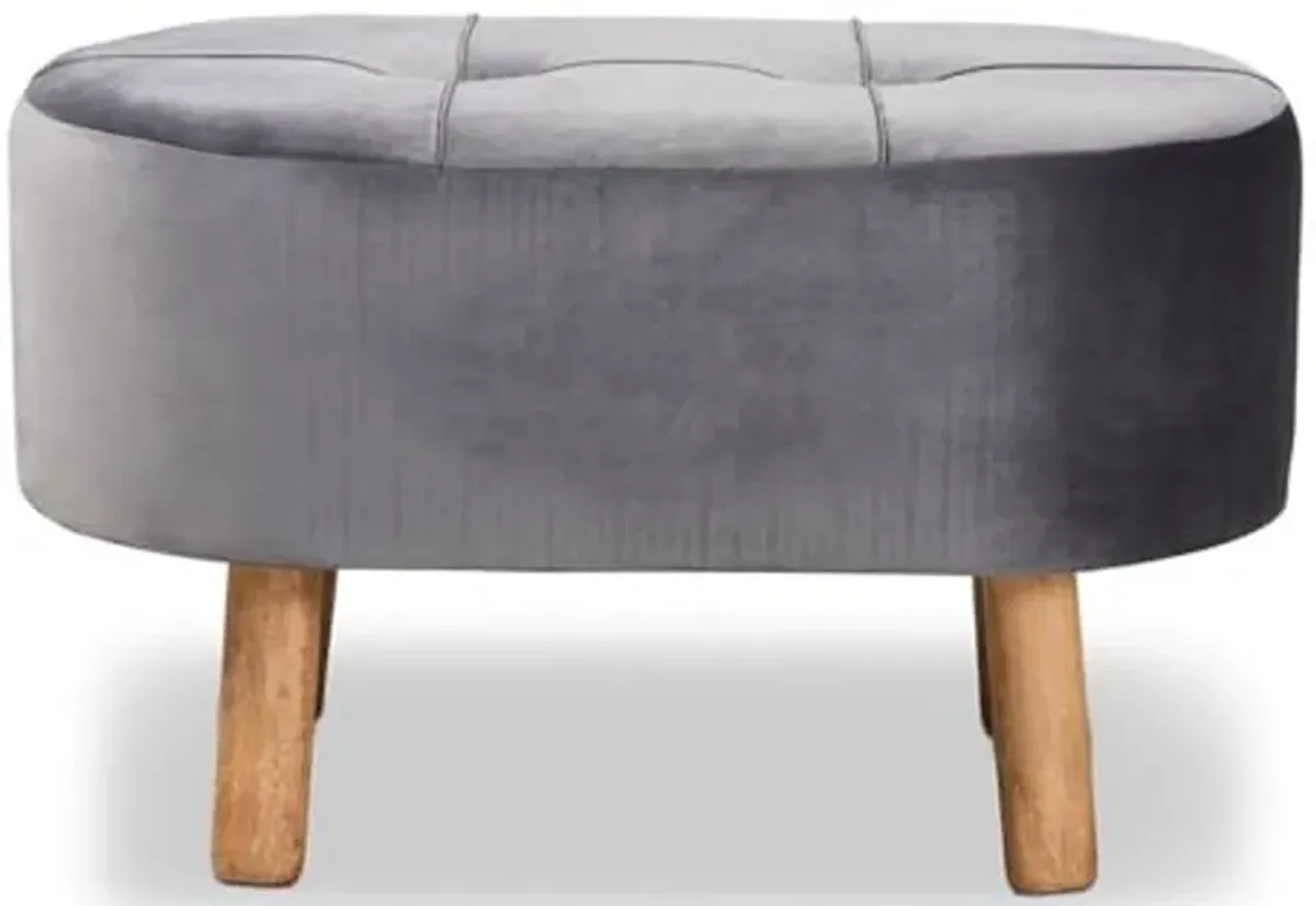 Baxton Studio Simone Mid-Century Modern Grey Velvet Fabric Upholstered Wood Ottoman