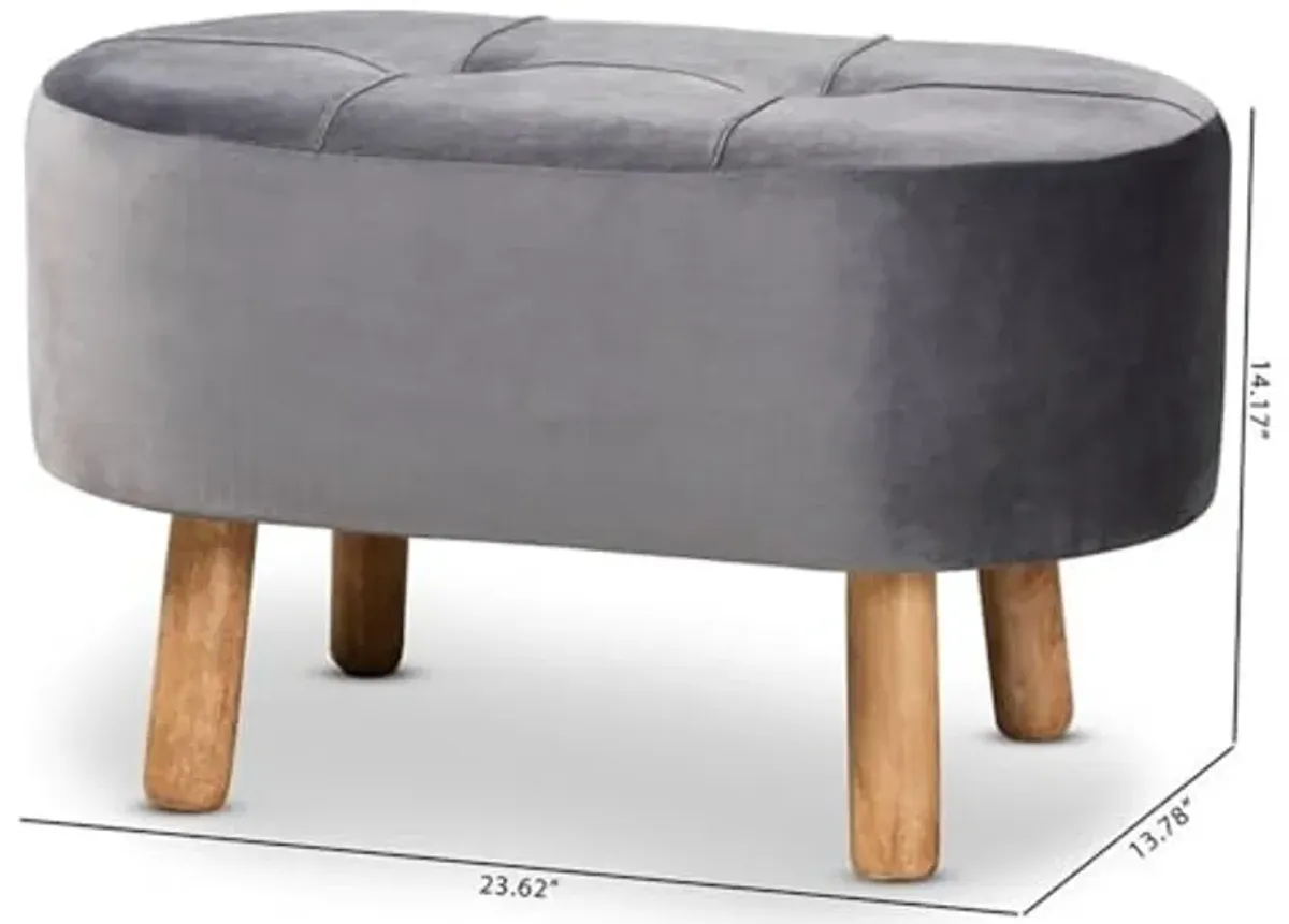 Baxton Studio Simone Mid-Century Modern Grey Velvet Fabric Upholstered Wood Ottoman