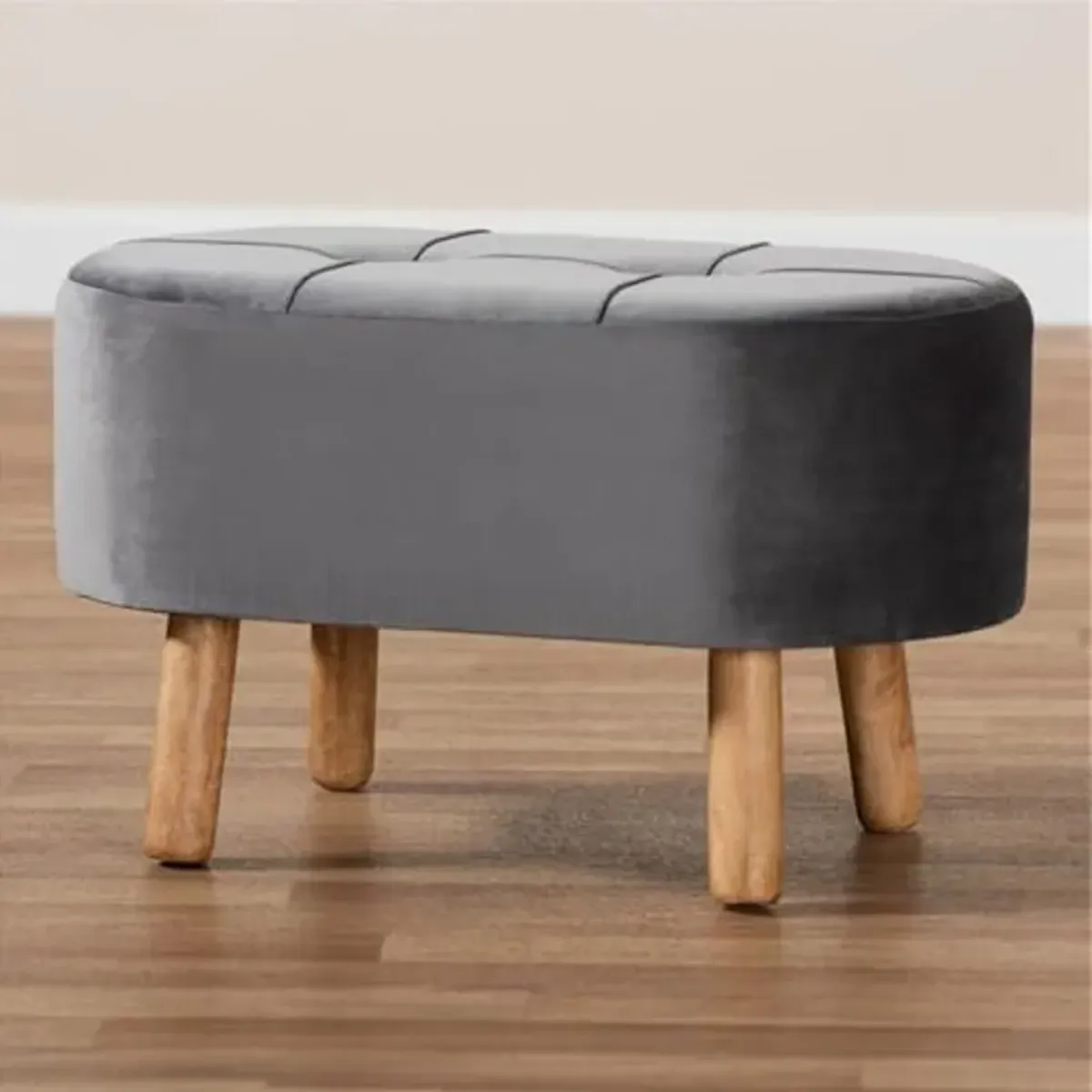 Baxton Studio Simone Mid-Century Modern Grey Velvet Fabric Upholstered Wood Ottoman