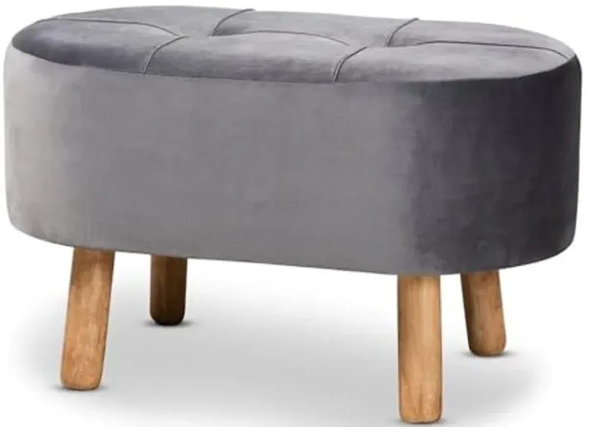 Baxton Studio Simone Mid-Century Modern Grey Velvet Fabric Upholstered Wood Ottoman