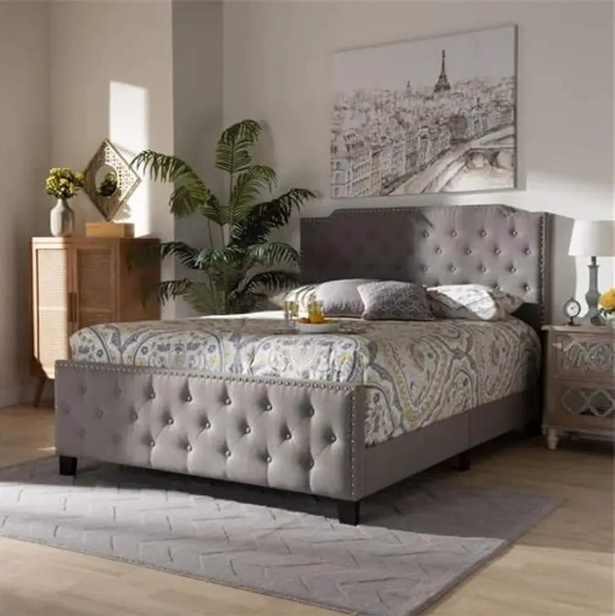 Baxton Studio Marion Modern Transitional Grey Fabric Upholstered Button Tufted Queen Size Panel Bed