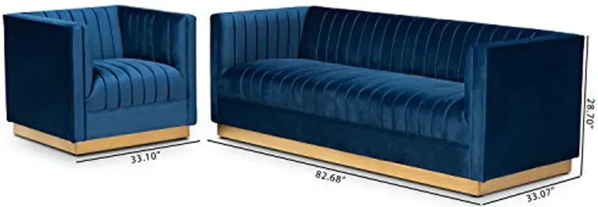 Baxton Studio Aveline Glam and Luxe Navy Blue Velvet Fabric Upholstered Brushed Gold Finished 2-Piece Living Room Set