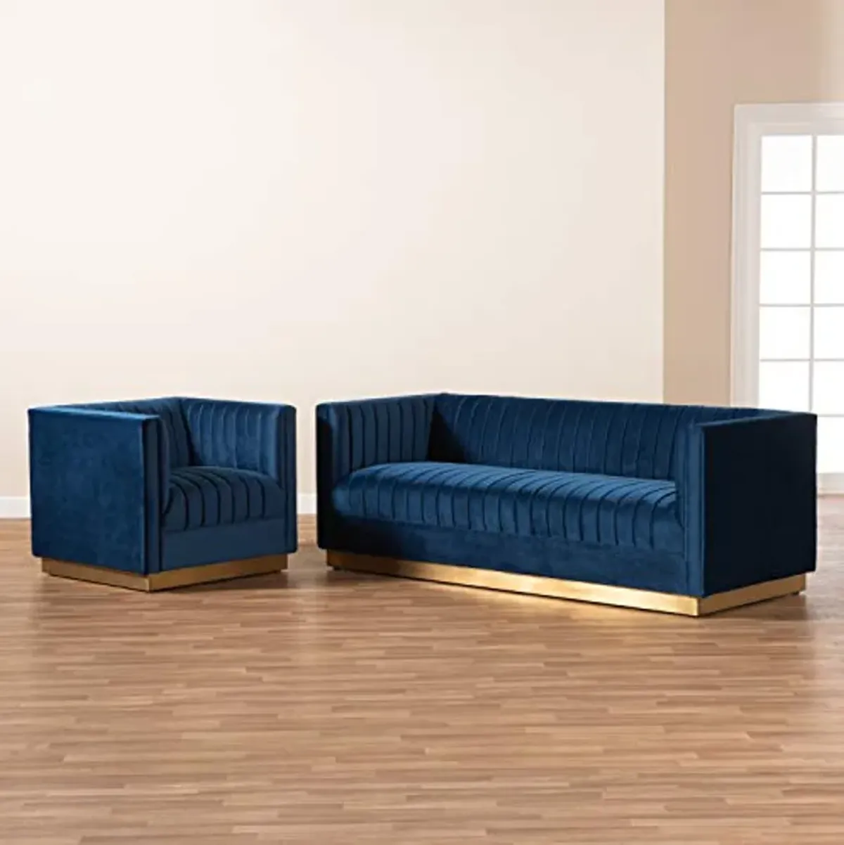 Baxton Studio Aveline Glam and Luxe Navy Blue Velvet Fabric Upholstered Brushed Gold Finished 2-Piece Living Room Set