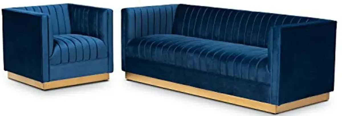 Baxton Studio Aveline Glam and Luxe Navy Blue Velvet Fabric Upholstered Brushed Gold Finished 2-Piece Living Room Set