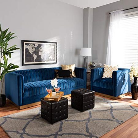 Baxton Studio Aveline Modern Velvet Brushed Gold 2-Piece Living Room Set in Blue