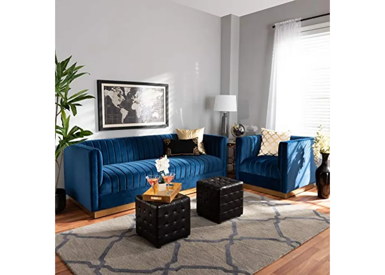 Baxton Studio Aveline Glam and Luxe Navy Blue Velvet Fabric Upholstered Brushed Gold Finished 2-Piece Living Room Set