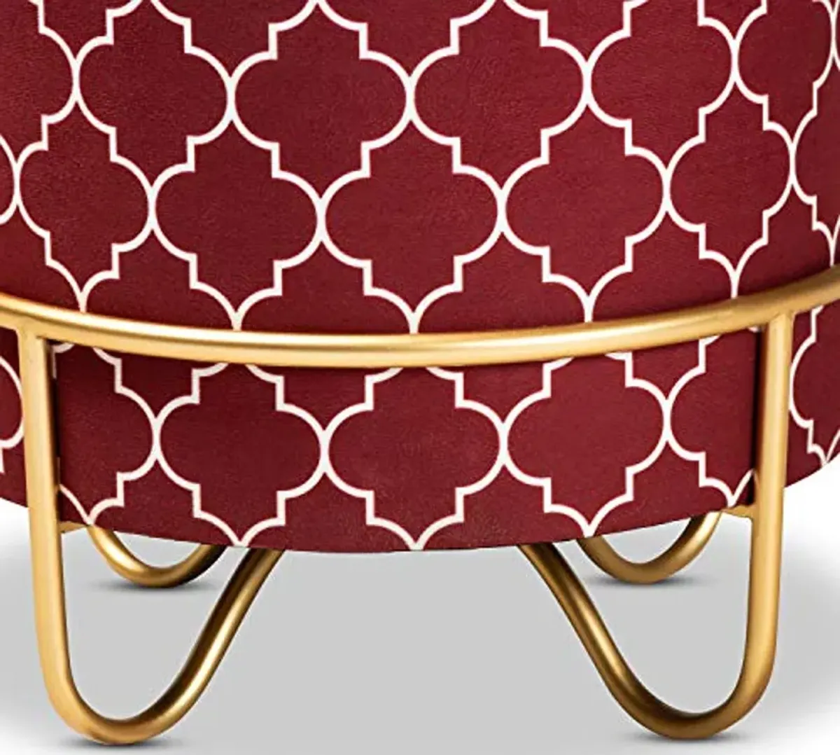 Baxton Studio Candice Glam and Luxe Red Quatrefoil Velvet Fabric Upholstered Gold Finished Metal Ottoman