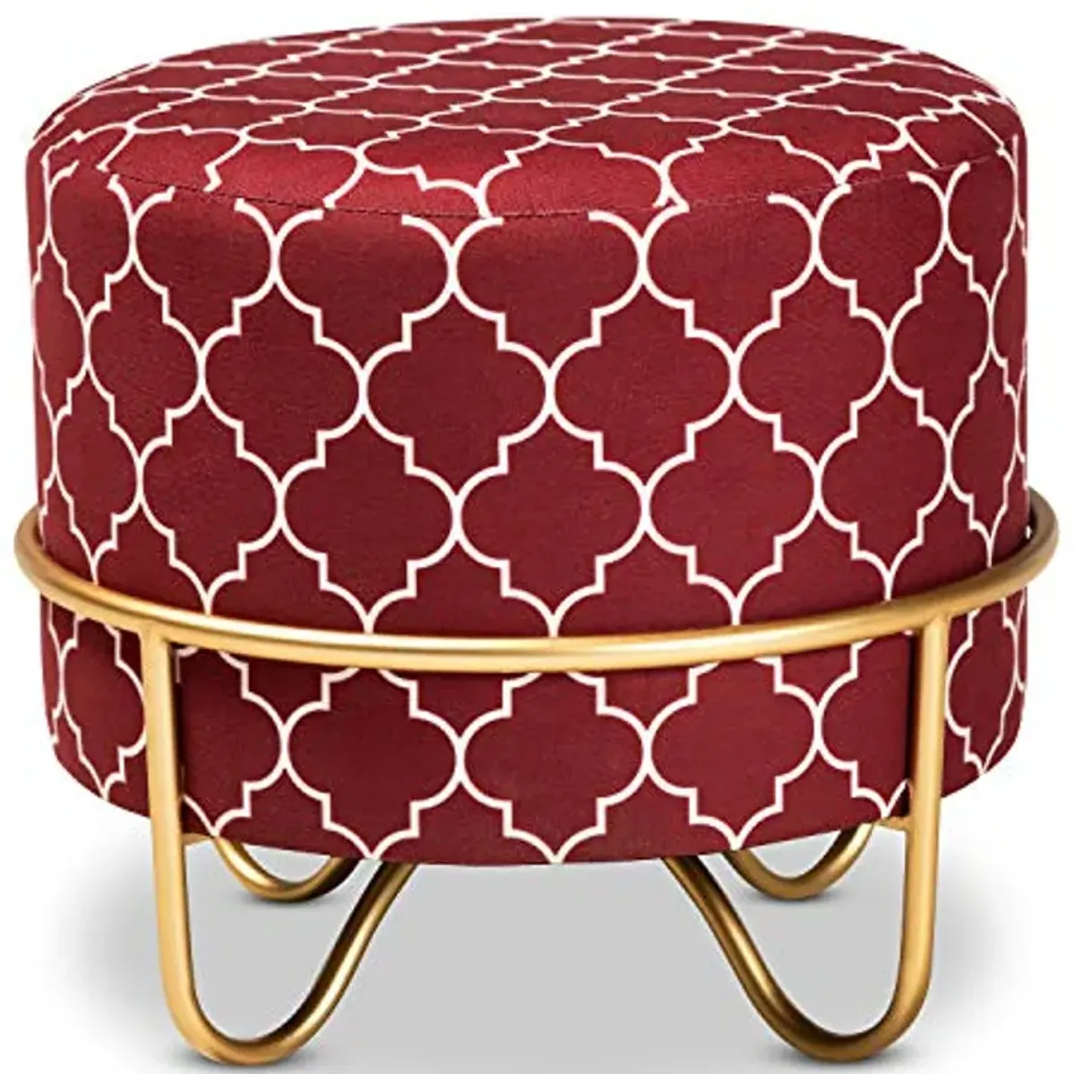 Baxton Studio Candice Glam and Luxe Red Quatrefoil Velvet Fabric Upholstered Gold Finished Metal Ottoman