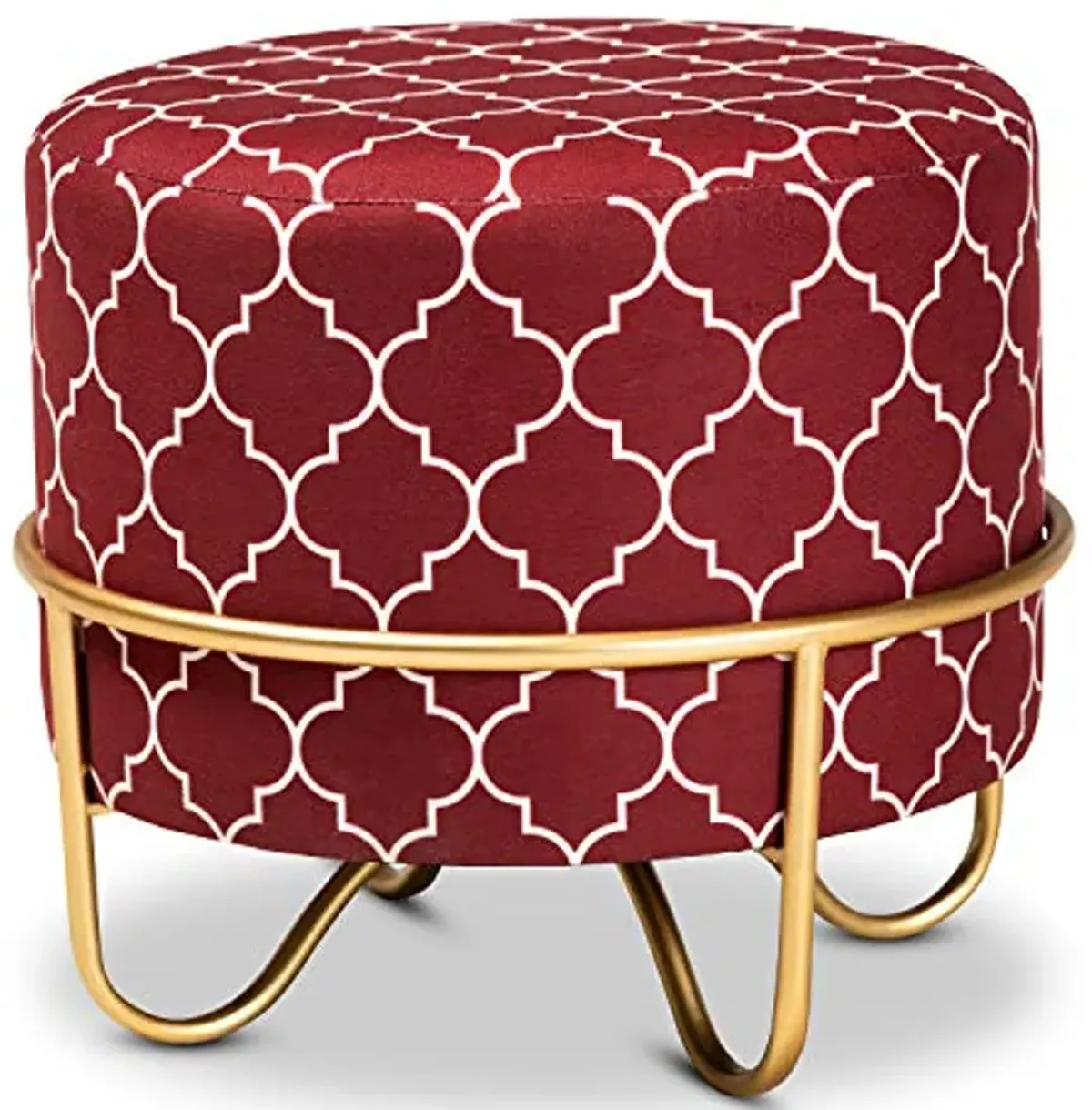 Baxton Studio Candice Glam and Luxe Red Quatrefoil Velvet Fabric Upholstered Gold Finished Metal Ottoman