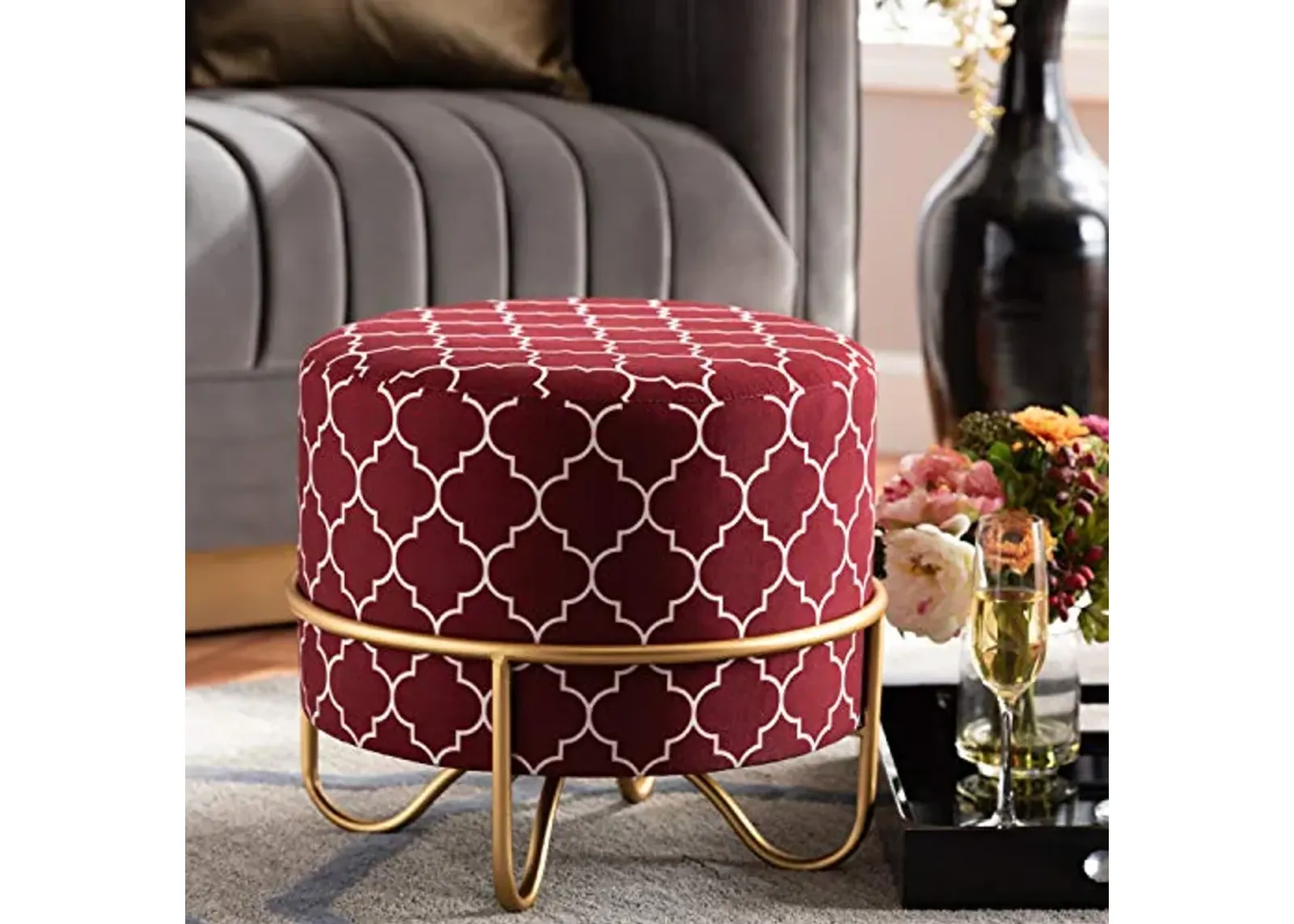 Baxton Studio Candice Glam and Luxe Red Quatrefoil Velvet Fabric Upholstered Gold Finished Metal Ottoman